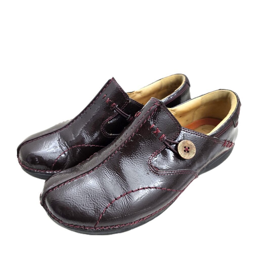 Clarks Artisan Un Loop Back Burgundy Red Patent Leather Comfort Slip on Shoes
